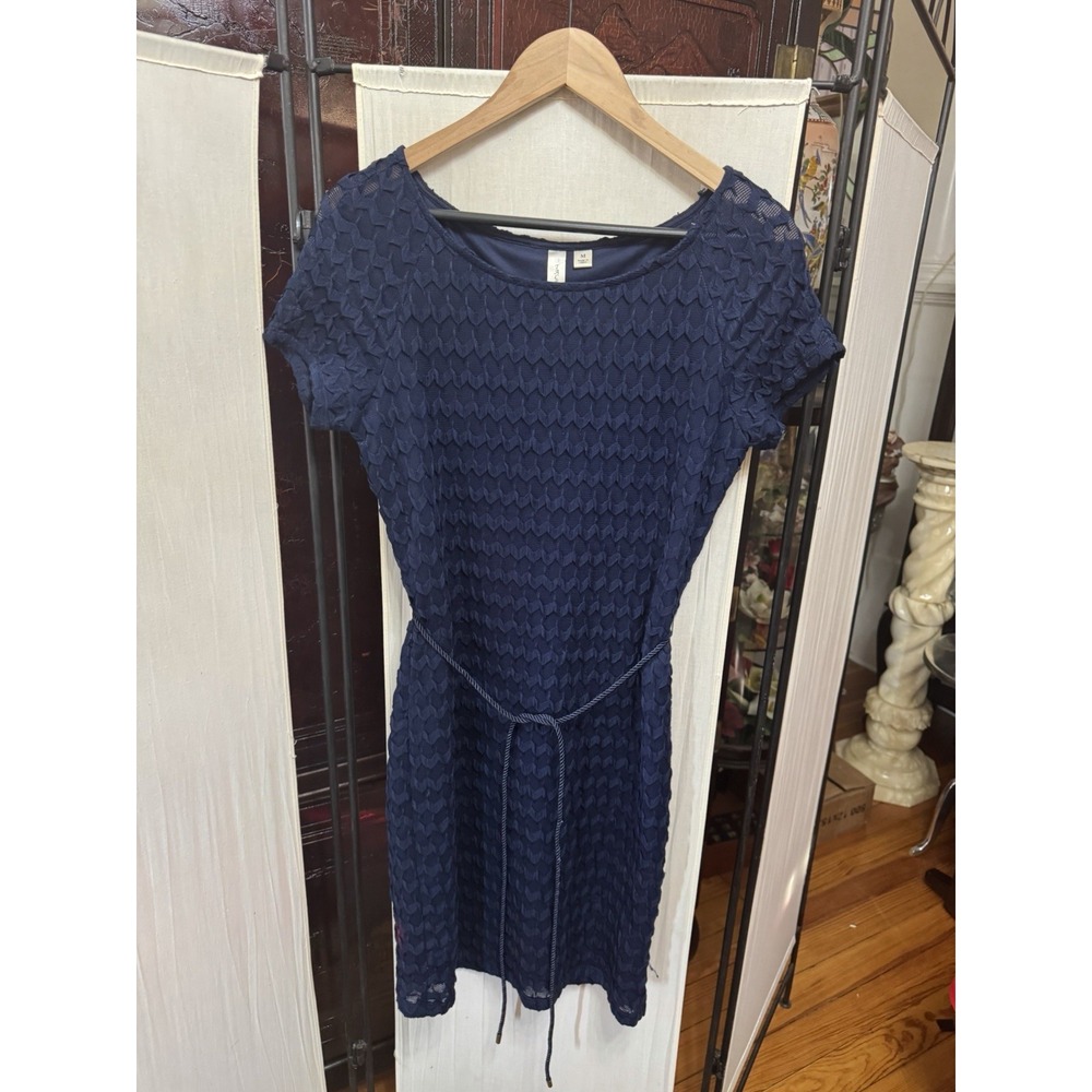 Tacera Women's Navy Blue Textured Lace Belted Dress Size M